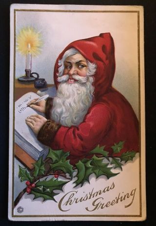 Christmas Postcard Red Hood Santa Claus With Candle List Holly Antique - A800