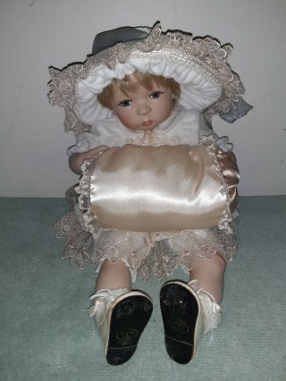 Vintage Delton Porcelain Doll 18 " Collectible Dolls Baby Girl Hat Pillow