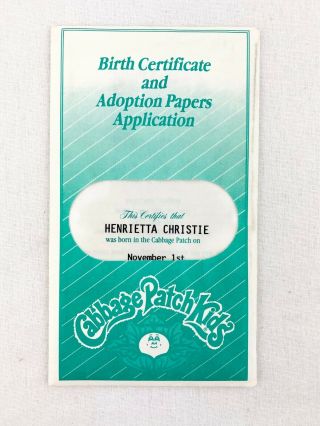 Cabbage Patch Kids Birth Certificate Vtg Girl Doll Henrietta Christie