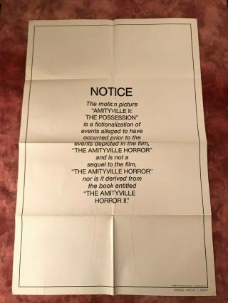 Rare Amityville Ii Court Ordered Disclaimer 1984 1 - Sheet Movie Poster