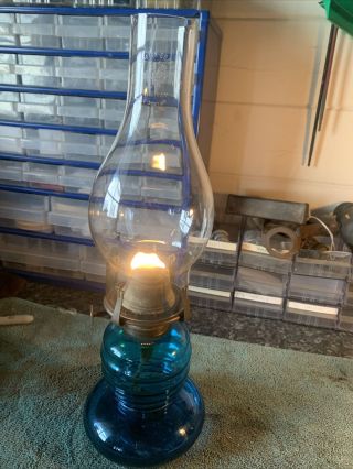 Vintage Blue Glass And Brass Base Oil Lamp