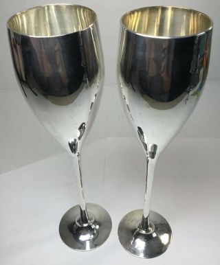 Set Of 2 Silver Plated Champagne Flutes Long Stem Wine Goblets Made In India
