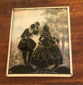 Vintage Silhouette Reverse Paint On Convex Glass Picture Couple Painting