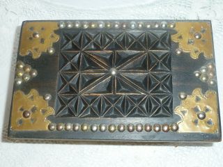 Vintage Dark Wooden Keepsake Jewellery Wood Box Brass Detail Studs Old Trinket