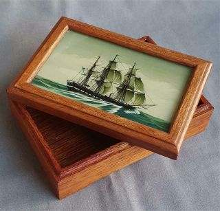 Vintage Wooden Trinket Box Reverse Painted Sailing Ship / Tea Clipper On Glass