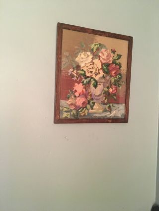 A Dhabby Chic Vintage Wool Tapestry Of Flowers In Oak Frame 19x17 Inches