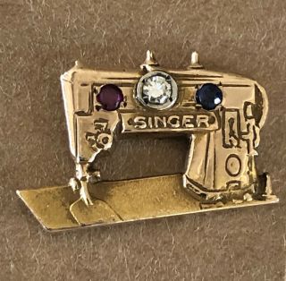 Singer Sewing Machine Shaped Service Pin 10k Gold Diamond Ruby Saph Stones Rare