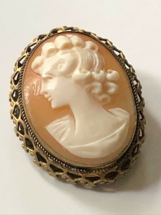 Antique Victorian Gold Tone Metal & Carved Shell Lady Cameo Brooch Vintage Pin