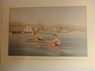 Vintage Currier & Ives Calendar Page Lithograph Reprint Five Mile Rowing Match