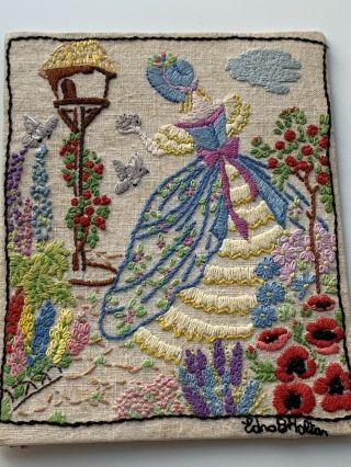 Vintage Lovely Silk Hand Embroidered Crinoline Lady In Garden Birds E Holton