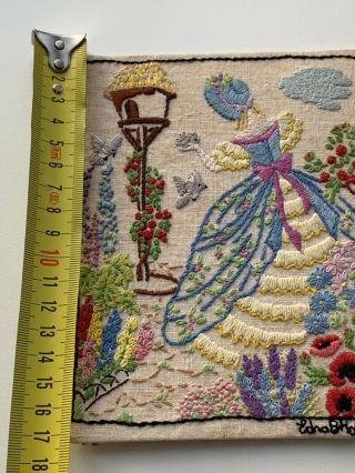 Vintage Lovely Silk Hand Embroidered Crinoline Lady in Garden Birds E Holton 2