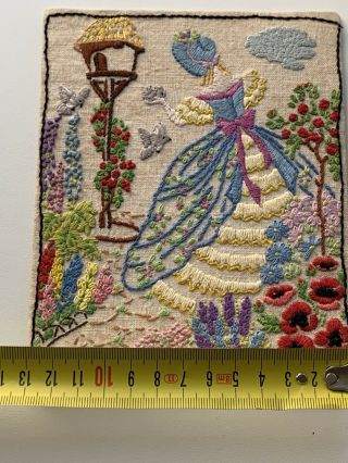 Vintage Lovely Silk Hand Embroidered Crinoline Lady in Garden Birds E Holton 3