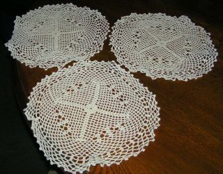 3 Vintage Hand Crocheted Ecru Doily Doilies Heavy Quality Cotton Round Set Three