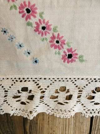 Vintage White Linen Hand Embroidered Tablecloth.  Crochet Edge.  Pink Blue Flowers