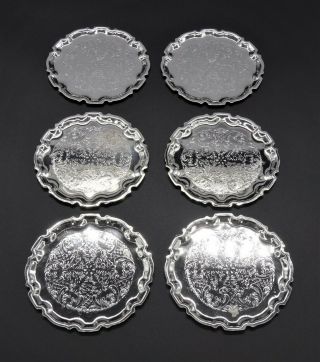 6 Vintage Queen Anne Style Floral Chased Drinks Cosaters Mats 3.  5 " Silver Plated