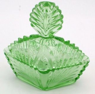 Antique 1930s Depression Era Green Uranium Glass Vanity Powder Box Lid Rare Exc