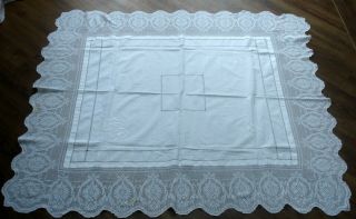 White Linen Hand Crochet Lace Edge Tablecloth Embroidered 