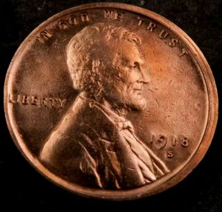 Off Center Error 1918 - S Lincoln Wheat Penny Cent Choice Au/bu (red) Rare