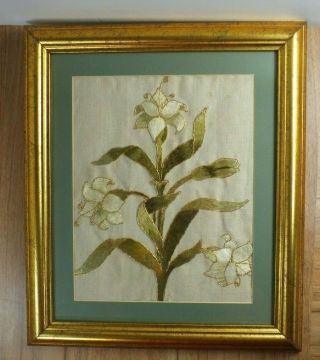 Antique Sampler Silk Embroidery Needlework Flower - Framed