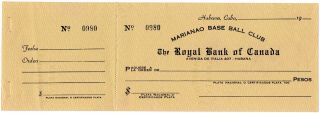 1940s Marianao Base Ball Club The Royal Bank Of Canada Sin Uso - Rare