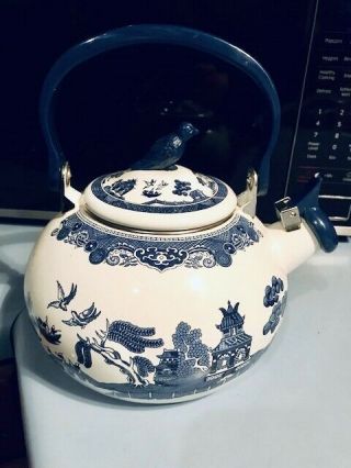 Johnson Brothers Rare Blue Willow Whistling Tea Kettle Teapot Enamelware