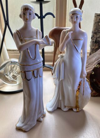 Two Vintage Art Deco Inspired Porcelain Flapper Girl Figures With Gold Detailing