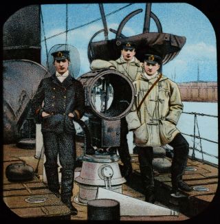Antique Magic Lantern Slide Group Of Royal Navy Sailors On Deck C1910