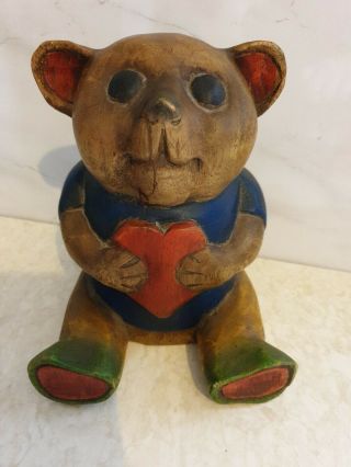 Large Solid Wood Hand Carved Teddy Bear Holding A Heart Vintage?