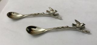 Vintage Pair Silver Plate Bird On Branch Coffee Bean Tea Spoon Teaspoons Cutlery