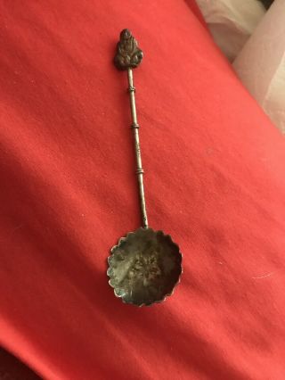 Antique Chinese Silver ?? Spoon Scalloped Bowl Budda Finial Bamboo Style Stem 4”