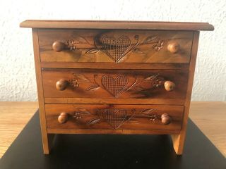 Vintage Miniature Wood Chest Of Drawers - Heart Design On Drawers - H14cm