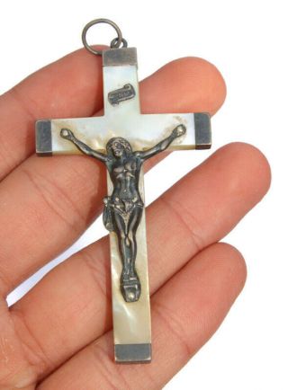 132 Years Antique French Crucifix Mother Of Pearl Cross Christianity Signed 1888