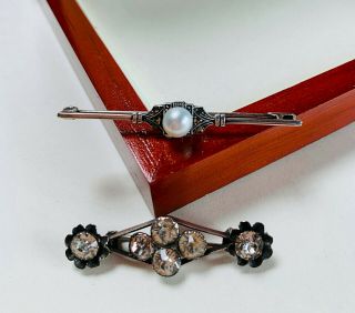 2 Vintage/antique Sterling Silver Clear Stone/pearl/marcasite Brooches/pins