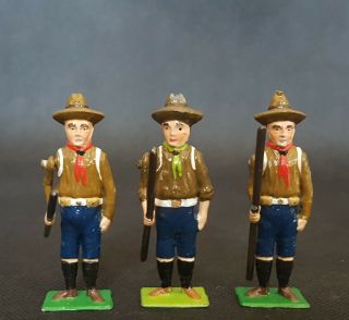3 X Rare Antique Vintage Lead Boy Scouts With Moving Arm Toy Figures Memorabilia