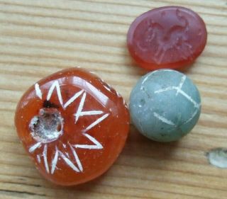 2 X Antique Etched Beads (carnelian And Aventurine),  An Intaglio Carved Seal
