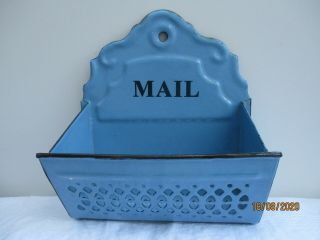 A Vintage Pale Blue Enamel Mail Holder - Post,  Letters,  Kitchenalia - Rare