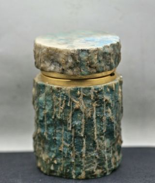 Vintage Round Container Made Of Rare Green Petrified Wood