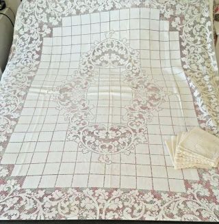 Vintage Quaker Lace Cream Cotton Tablecloth,  Napkins Machine Made