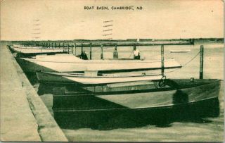 Antique Postcard Cambridge Maryland " Boat Basin " Motor Boats 1937