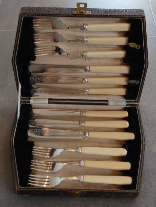 Vintage Bakelite Handled Silver Plated Epns Fish Knife & Fork Set Cased