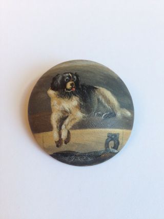 Unusual Antique Victorian Handpainted Miniature Newfoundland Dog Brooch