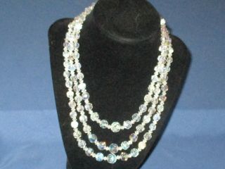 Vintage Silver - Tone Metal 3 Strand Aurora Borealis Crystal Bead Necklace