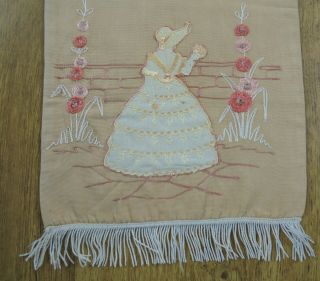 Vintage Table Runner With Embroidery & Applique Crinoline Lady To Each End