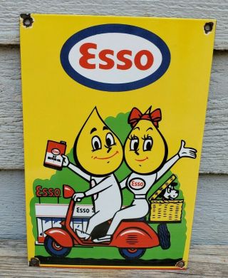 Vintage Esso Boy & Girl Scooter Porcelain Sign Oil Drop Rare Heavy Tiger