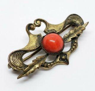 Petite Antique Gold Gilt Brass Victorian Red Art Glass Cabochon Floral Brooch