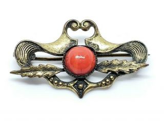 Petite Antique Gold Gilt Brass Victorian Red Art Glass Cabochon Floral Brooch 2