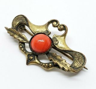 Petite Antique Gold Gilt Brass Victorian Red Art Glass Cabochon Floral Brooch 3
