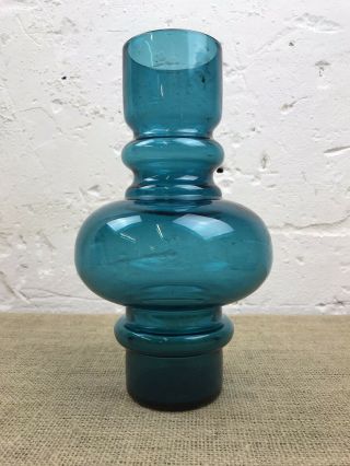 Rare Vintage Mid Century Riihimaki Glass Turquoise Hooped Vase By Tamara Aladin