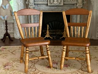 Vintage Miniature Dollhouse 2 Artisan Carved Country Primitive Style Wood Chairs