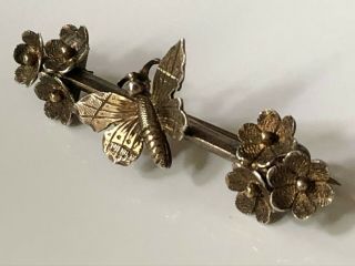 Antique Victorian Solid Silver Bar Brooch Pin With Butterfly And Flower Detail